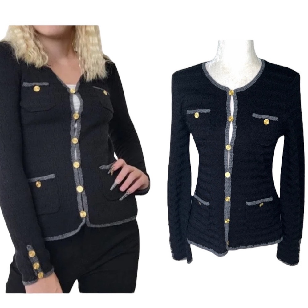 Trina Turk Vermouth Black Cable Knit Gold Button Cardigan - S